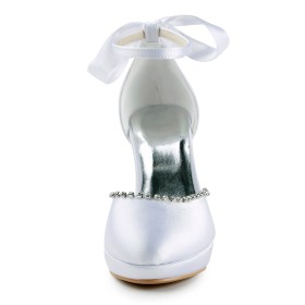 À Boucle Bout Rond Élégantes Bride Cheville Noeud Satin Blanche Talon Haut 10 cm Avec Strass Chaussure Mariée Chaussure De Soirée