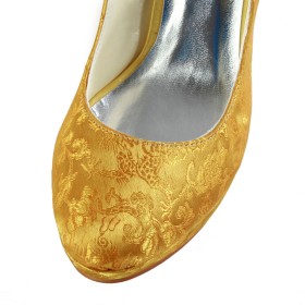 Satin Elegante Schuhe Goldene Pfennigabsatz Mit 10 cm Hohe Absatz Pumps Mit Geblümte