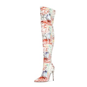 Over The Knee Boots Letter Print Patent Tall Boot Stiletto Heels Graffiti High Heels