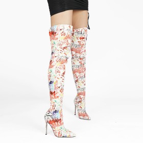 Over The Knee Boots Letter Print Patent Tall Boot Stiletto Heels Graffiti High Heels
