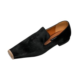 Noir Plate Bout Carré Loafers Chaussures Femme Simili Fourrure