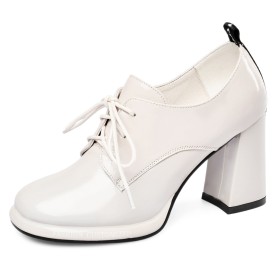 Patent White Spring Oxford Shoes Block Heel Leather Lace Up High Heels Chunky Heel Classic Shootie