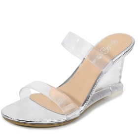 Sandaletten Damen Mode Riemchen Peeptoe Keilabsatz Silber Mit 8 cm Hohe Absatz