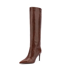 Brown Faux Leather 9 cm High Heels Stilettos Fashion Classic Boots Embossed