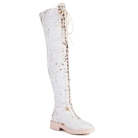 Sparkly Sequin Lace Up Tall Boot Round Toe Modern Flats Thigh High Boots Ombre