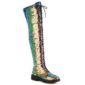 Lace Up Thigh High Boots Fashion Ombre Flats Fur Lined Multicolor Sequin Gold Round Toe Tall Boot