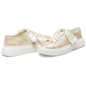 Flats Ronde Neus Comfort Geborduurde Feestschoenen Goud Satijnen Sneakers Plateauzool