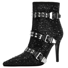 Noir Boots Femme Moderne Clouté Avec Strass Bout Pointu Talons Aiguilles A Talon Bottines