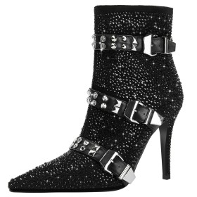 Rhinestones Booties Black Sparkly 4 inch High Heel Stiletto Heels