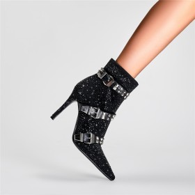 Noir Boots Femme Moderne Clouté Avec Strass Bout Pointu Talons Aiguilles A Talon Bottines