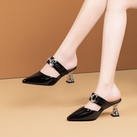 Leather Business Casual Rhinestones Chunky Patent Leather Pointed Toe 2 inch Low Heel Beautiful Mules Sandals Buckle
