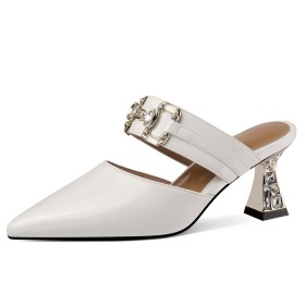 White Patent Leather Dress Shoes Mules Low Heel Thick Heel Comfort With Metal Jewelry Sandals