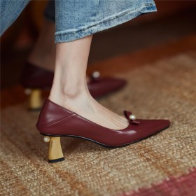With Bow 6 cm Mid Heel Slip On Beautiful Leather Pointed Toe Beaded Burgundy Pumps Business Casual Shoes Dress Shoes
