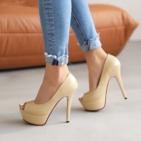 Beautiful Beige Patent Leather Platform Stilettos Peep Toe 5 inch High Heeled Pumps Business Casual Shoes Classic