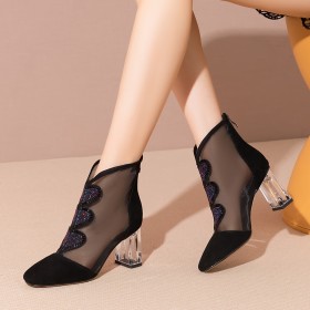 6 cm Mid Heel Tulle Chunky Heel Suede Summer Block Heel Ankle Boots Black Elegant Sandal Boots Leather