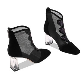 6 cm Mid Heel Tulle Chunky Heel Suede Summer Block Heel Ankle Boots Black Elegant Sandal Boots Leather