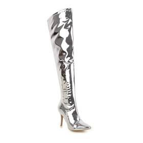 Silver Pointed Toe Fashion 9 cm High Heels Stilettos Fur Lined Over Knee Boots