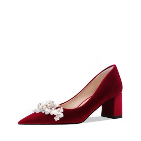 Decollete Tacchi Largo A Punta Eleganti Scarpe Donna Velluto Fiori Primavera 8 cm Tacchi Alto Con Perle Moda Cerimonia Bordeaux