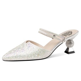 Evening Shoes Sparkly Pointed Toe Ankle Strap Mid Heels Mules Bridal Shoes Formal Dress Shoes Silver Pearl Gorgeous Sandals
