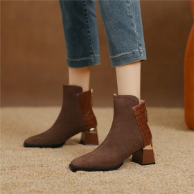 Chunky Patent Leather Block Heel Casual Booties Natural Leather Classic Mid Heel Comfortable Suede