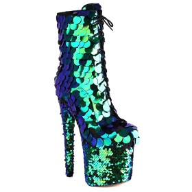 Sparkly Ankle Boots Stiletto Gradient Platform Sequin Party Shoes Lace Up Zipper Extreme High Heel