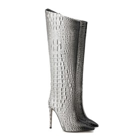 Crocodile Printed Black And White Classic Ombre Faux Leather Knee High Boot For Women Stiletto Heels High Heel
