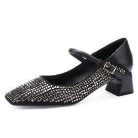 Square Toe Natural Leather Comfort Ankle Strap Sparkly Rhinestones Chunky Heel Stylish Block Heel Low Heeled