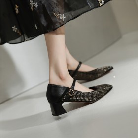 Square Toe Natural Leather Comfort Ankle Strap Sparkly Rhinestones Chunky Heel Stylish Block Heel Low Heeled