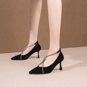 With Rhinestones Classic With Ankle Strap Pointed Toe Pumps Business Casual 3 inch High Heel Leather Elegant Dress Shoes