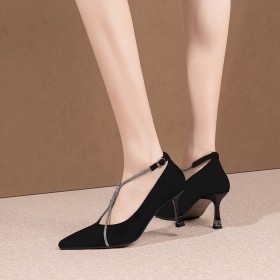 Klassisch Leder Schuhe Mit Strasssteine Wildleder Schwarze Elegante 8 cm High Heel Pumps Schlupfschuhe Pfennigabsatz