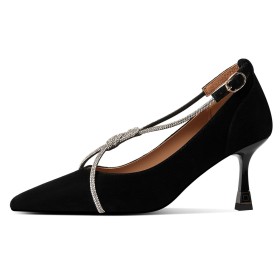 Klassisch Leder Schuhe Mit Strasssteine Wildleder Schwarze Elegante 8 cm High Heel Pumps Schlupfschuhe Pfennigabsatz