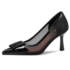 Business Casual With Bow 8 cm High Heel Leather Patent Buckle Stiletto Heels Office Shoes Tulle Pumps