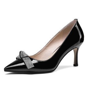 With Rhinestones Elegant Pumps With Bow Classic Stiletto Black High Heel Pointed Toe