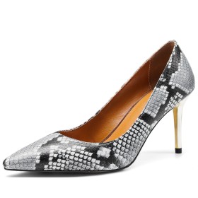 Pointed Toe Business Casual 3 inch High Heel Natural Leather Classic 2021 Spring Stilettos Gray Snake Print Pumps