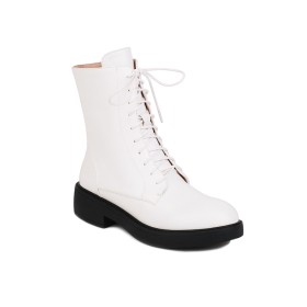 White Comfort Patent High Top Fur Lined Flat Shoes Lace Up Classic Faux Leather
