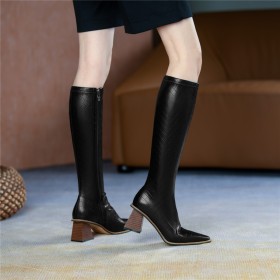 Classic 5 cm Low Heel Knee High Boot For Women Fur Lined Block Heel Quilted Faux Leather
