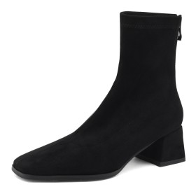 Suede 2 inch Low Heel Comfortable Black Classic Thick Heel Ankle Boots For Women Sock Fur Lined Faux Leather Block Heel
