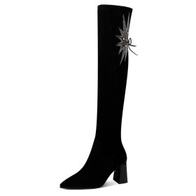 Fur Lined Black Stylish 8 cm High Heel Block Heels With Rhinestones Going Out Shoes Thigh High Boot For Women Suede Chunky Tall Boots