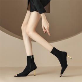 Sock Fur Lined Suede 3 inch High Heel Ankle Boots For Women Black Textile Business Casual Stiletto Heels