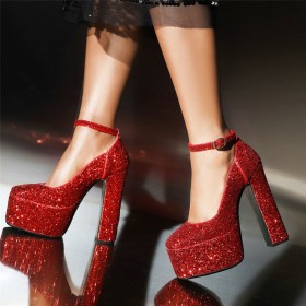 2023 Mode Plateau Enkelbandje Gala Blokhak Sparkle Gesp Glitter 15 cm High Heel Sandaal Dames