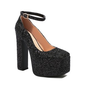 Met Enkelbandje Mode Glitter Plateauzool Blokhak Vierkante Neus Sparkle Zwarte 15 cm Highheel Sandalette Feest