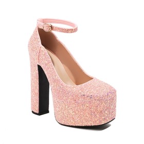 6 inch High Heel Closed Toe Pink Block Heel With Ankle Strap Sparkly Sandals Belt Buckle Chunky Heel Fashion Dressy Shoes