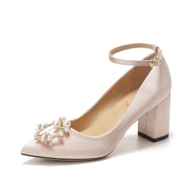 Bridal Shoes Party Shoes Block Heels Pumps With Ankle Strap Pointed Toe 7 cm Mid Heels