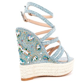 Touwtjes Mode Enkelbandje Plateau Espadrilles Steentjes Lichtblauwe Wedges Kleurblok 13 cm Hoge Hak Denim Sandaal