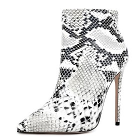 Booties For Women Faux Leather 12 cm High Heeled Closed Toe Stiletto Pointed Toe Embossed White Fur Lined Snake Print
