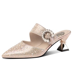 Scarpe Da Cerimonia Tacco Scolpito Mules Con Strass Tacco Largo Moda Tacchi Basso 5 cm Luccicante 2023 Eleganti Sandali Donna