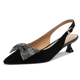 With Bowknot Comfort Slingback Pointed Toe Pumps Suede Elegant Low Heels Going Out Footwear Black Kitten Heel