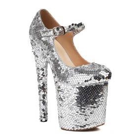 Pole Dance Shoes Glitter Sparkly Silver Pumps Ombre Platform Stiletto With Ankle Strap Extreme High Heels