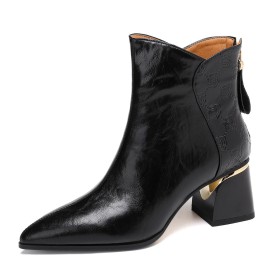 Fur Lined Black Formal Dress Shoes Vintage Ankle Boots Chunky Heel Going Out Footwear Pointed Toe Lace Up Block Heels 2 inch Low Heel