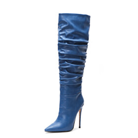 Gefütterte Boots Damen Klassisch Lack Hohe Stiefel 12 cm High Heel Blau Slouch Pfennigabsatze